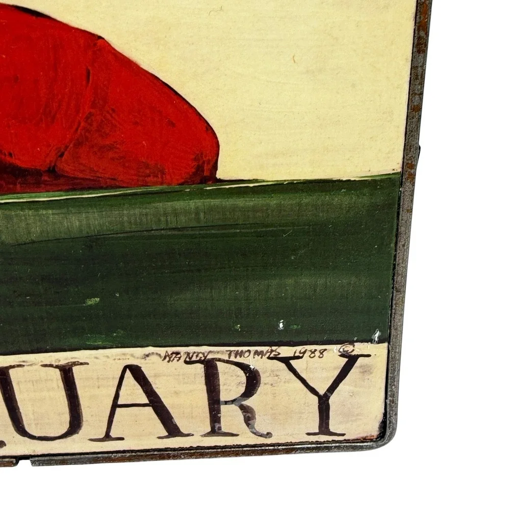 Nancy Thomas 1988 February Calendar Tile Plaque Folk Art Metal Frame Heart 8x8